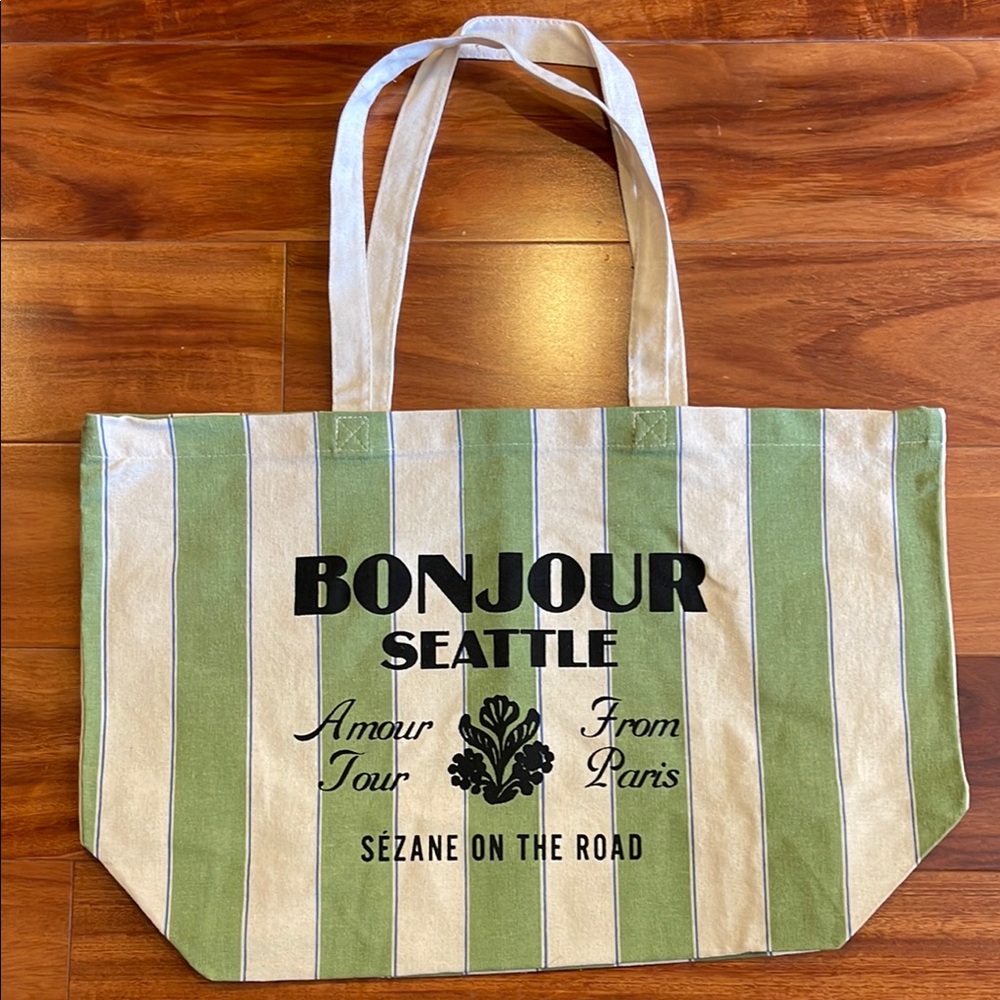 Sezane Bonjour Seattle Green and Cream Striped Tote Bag
